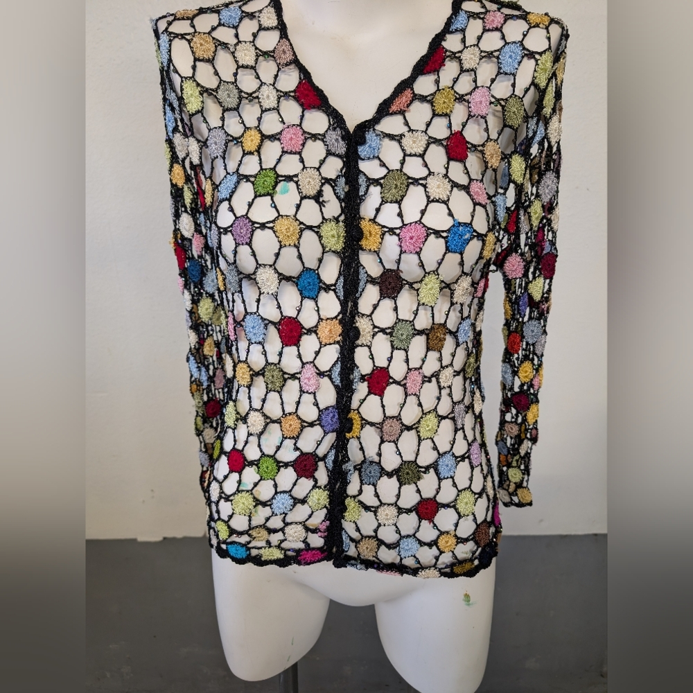 Colorful Crochet Cardigan With Mini Crystal Attached Bohemian Size M